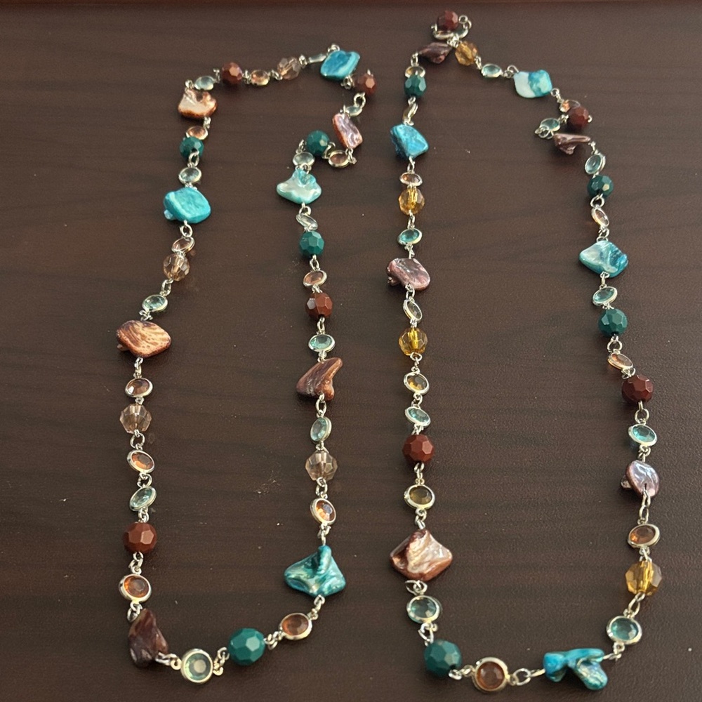 Boho Turquoise and Brown Shell and Beaded Necklace set of two - Picture 3 of 3